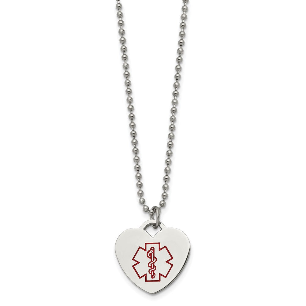 Chisel Stainless Steel Polished with Red Enamel Heart Medical ID Pendant on a 22 inch Ball Chain Necklace