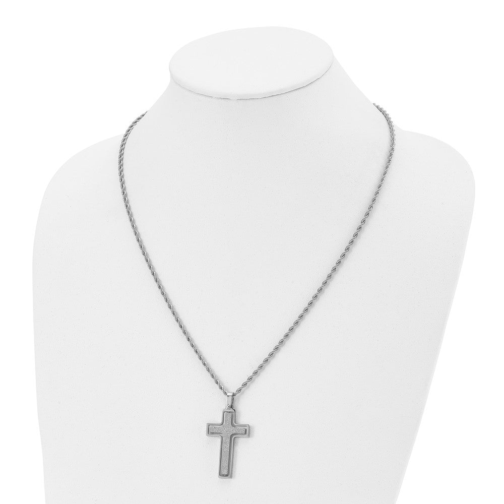 Chisel Stainless Steel Polished and Laser Cut Moveable Cross Pendant on a 22 inch Rope Chain Necklace