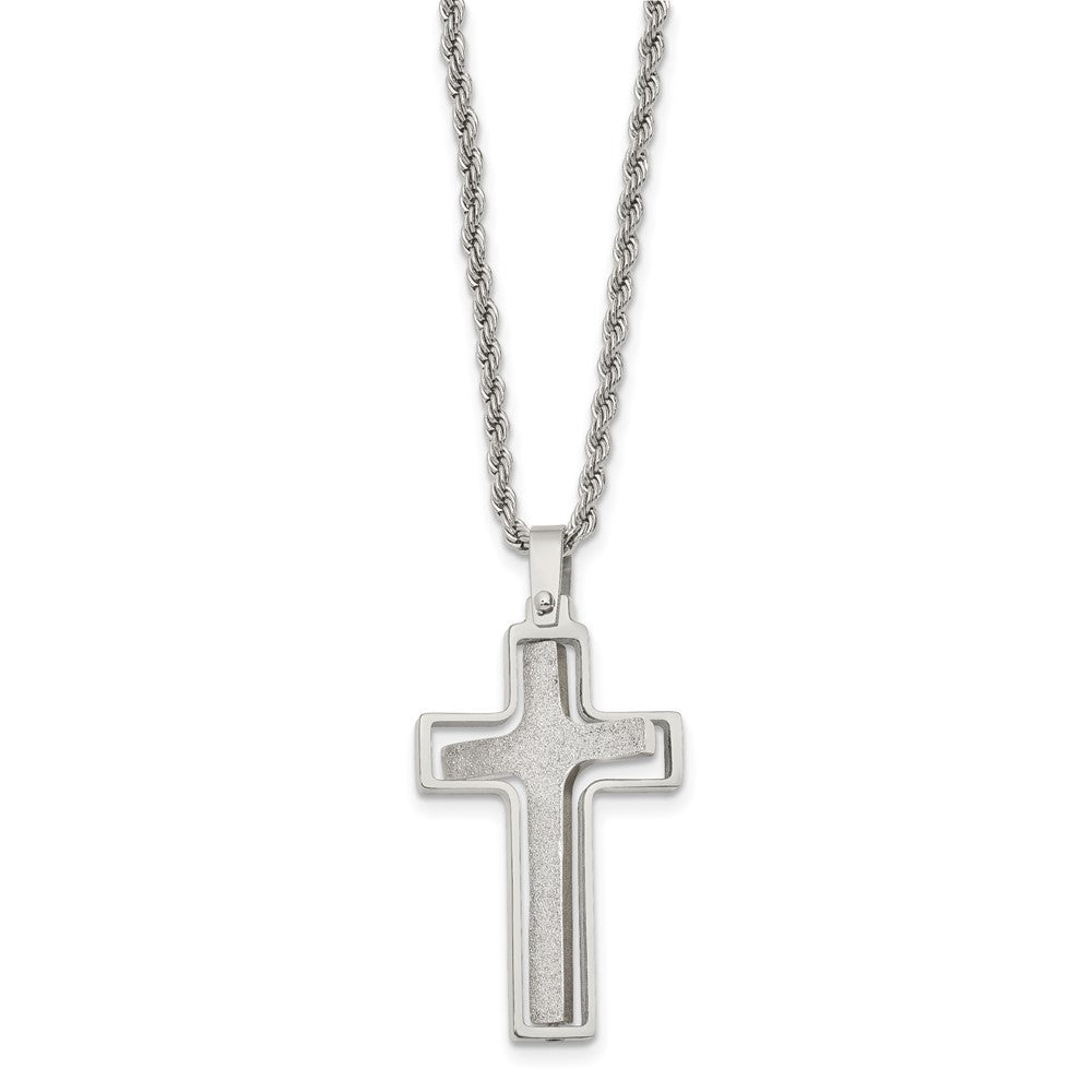 Chisel Stainless Steel Polished and Laser Cut Moveable Cross Pendant on a 22 inch Rope Chain Necklace