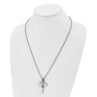 Chisel Stainless Steel Brushed and Polished Double Cross Pendant on a 24 inch Box Chain Necklace