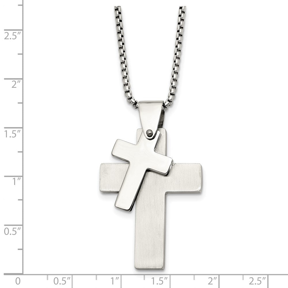 Chisel Stainless Steel Brushed and Polished Double Cross Pendant on a 24 inch Box Chain Necklace