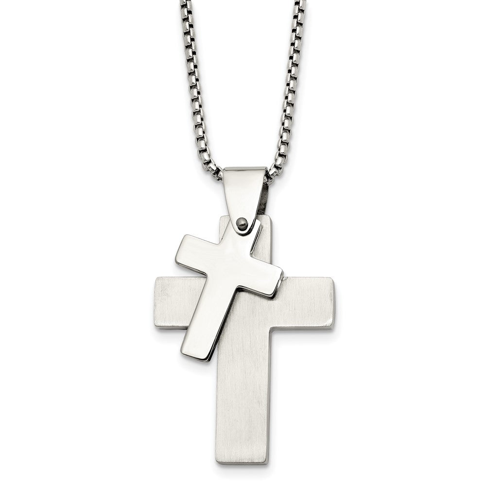 Chisel Stainless Steel Brushed and Polished Double Cross Pendant on a 24 inch Box Chain Necklace
