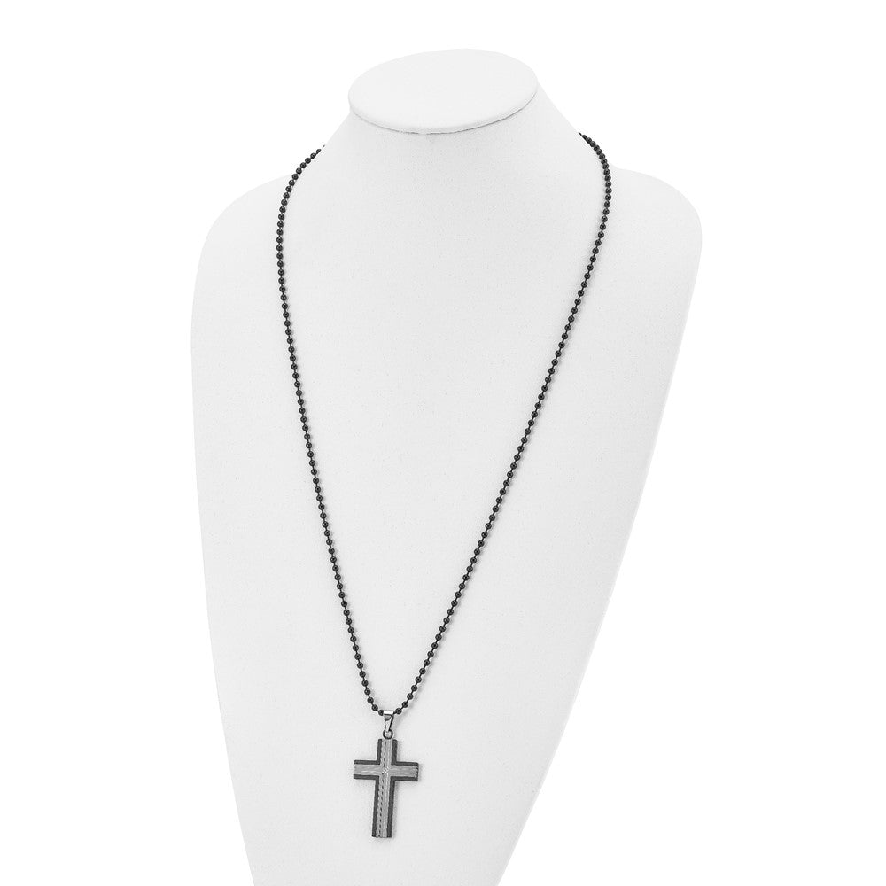 Chisel Stainless Steel Polished Black IP-plated Edges with CZ Cross  Pendant on a 30 inch Ball Chain Necklace