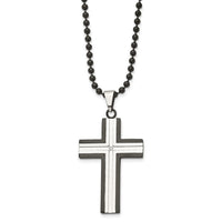 Chisel Stainless Steel Polished Black IP-plated Edges with CZ Cross  Pendant on a 30 inch Ball Chain Necklace