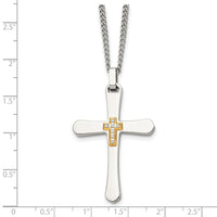 Chisel Stainless Steel Polished with 14k Gold Accent 1/15 carat Diamond Cross Pendant on a 22 inch Curb Chain Necklace
