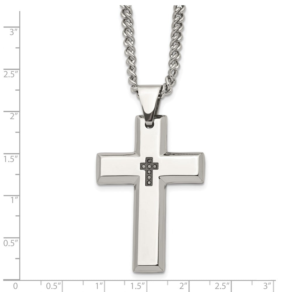 Chisel Stainless Steel Polished 1/10 carat Black Diamond Cross Pendant on a 22 inch Curb Chain Necklace