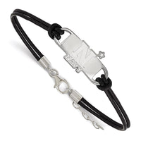 Sterling Silver Rhodium-plated LogoArt US Naval Academy Small Center Black Leather 7 inch Bracelet with Extender
