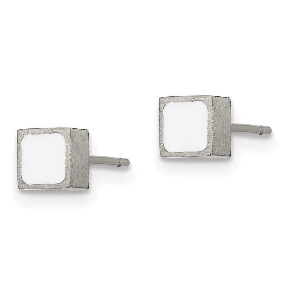 Titanium Brushed with White Enamel Square Post Earrings